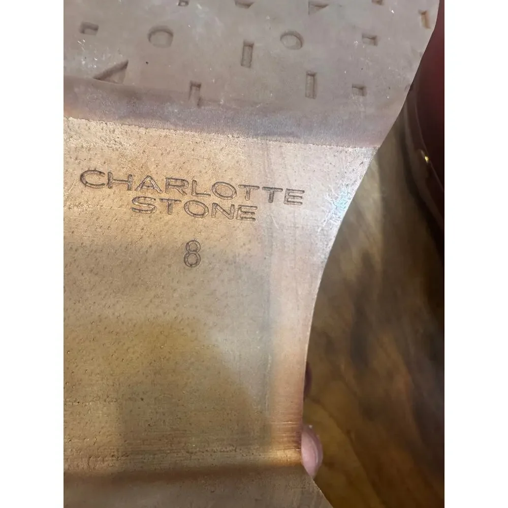Charlotte Stone Burgundy Leather Studded Wooden Platform Clogs Slingback Heels 8